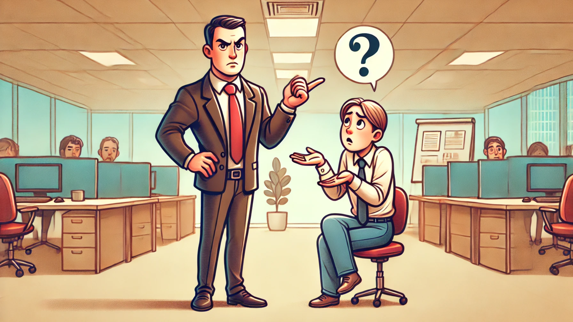 DALL·E 2025-03-10 08.01.33 - A caricature-style illustration depicting a workplace scene where a boss is giving vague feedback to an employee. The boss, wearing a suit, gestures c