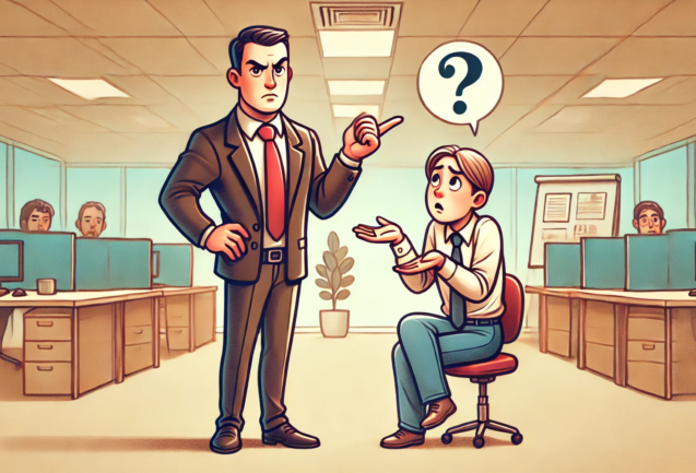 DALL·E 2025-03-10 08.01.33 - A caricature-style illustration depicting a workplace scene where a boss is giving vague feedback to an employee. The boss, wearing a suit, gestures c