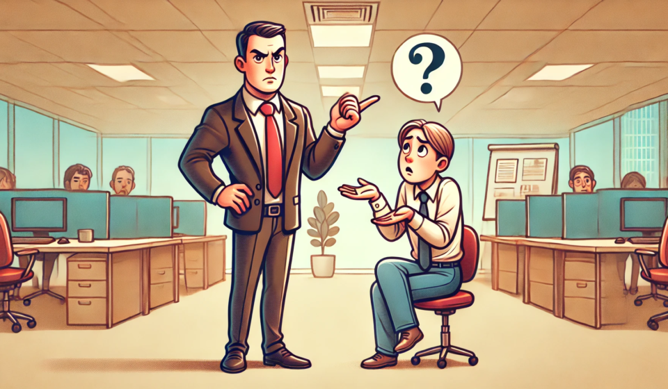 DALL·E 2025-03-10 08.01.33 - A caricature-style illustration depicting a workplace scene where a boss is giving vague feedback to an employee. The boss, wearing a suit, gestures c